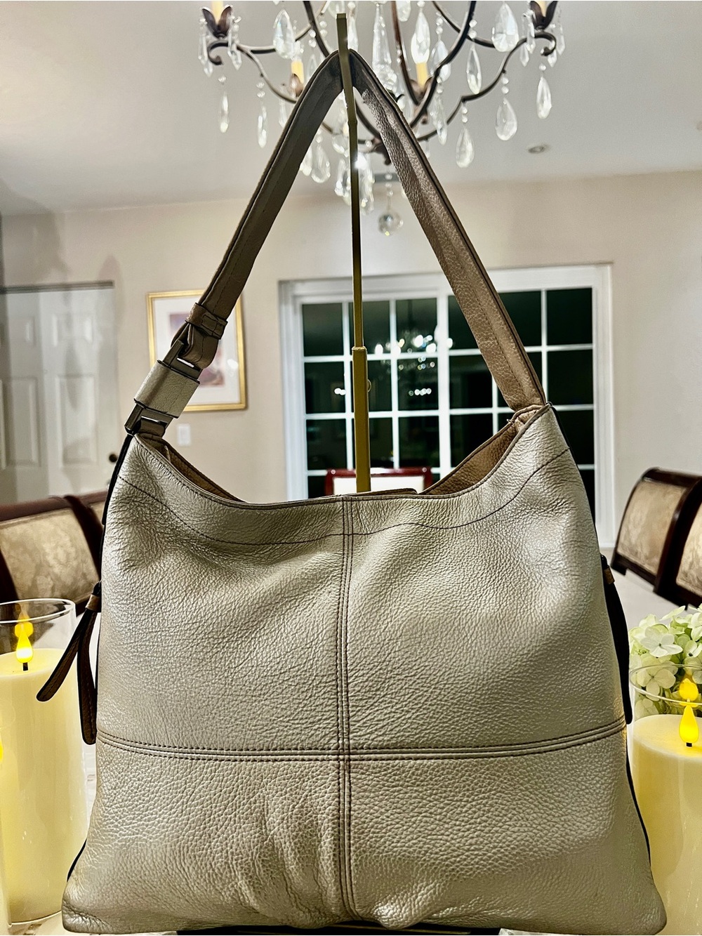 Tignanello Metallic Champagne Genuine Leather Large Hobo Shoulder Bag